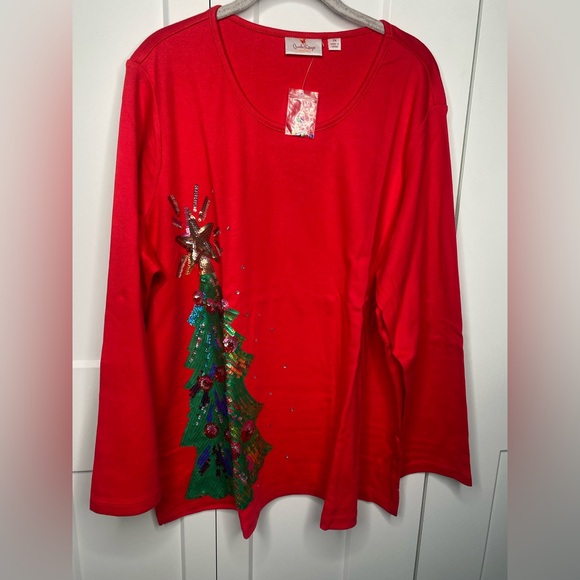 Quacker Factory NWT Sequin Christmas Tree Holiday Long Sleeve Top Plus Size 2X - Picture 1 of 6